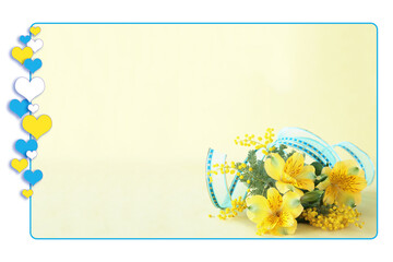 ミモザとアルストロメリアとブルーリボンの花束のハートフレーム（黄色の背景）