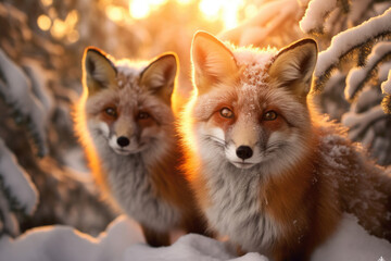 concentrated foxes with looking at camera amidst snow winter forest at sunset