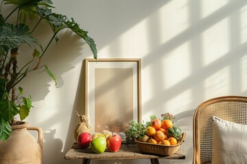 Stylish home corner with monstera plant and fresh fruits on a rustic table
