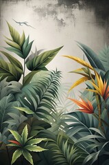 Graphic exotic plants on the concrete grunge wall. Design for photo wallpaper, wallpaper, mural. Design in the loft, classic, modern style. Tropical leaves and bamboo, Generative AI