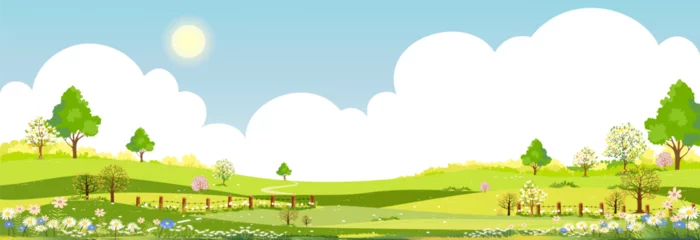 Fotobehang Spring Background,Vector blue sky and clouds over green fields landscape with mountain,Panoramic countryside rural nature in springtime with green grass land.illustration for spring and summer banner © Anchalee