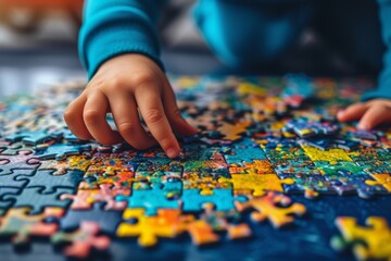 Child's Hand with Colorful Puzzle on Table