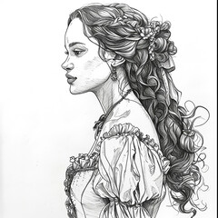 Portrait of a beautiful young woman with long curly hair. Hand-drawn illustration. Coloring page. Coloring book.