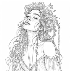 Portrait of a beautiful girl with a wreath of flowers on her head. Coloring page, coloring book.