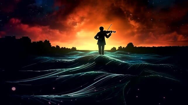 Violin player silhouette performance on sunset background. Seamless looping time-lapse 4k video animation background