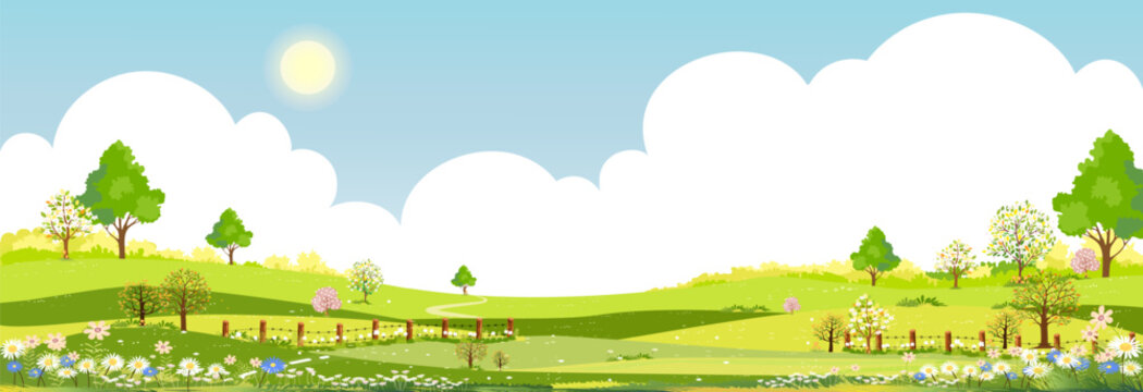 Spring Background,Vector blue sky and clouds over green fields landscape with mountain,Panoramic countryside rural nature in springtime with green grass land.illustration for spring and summer banner