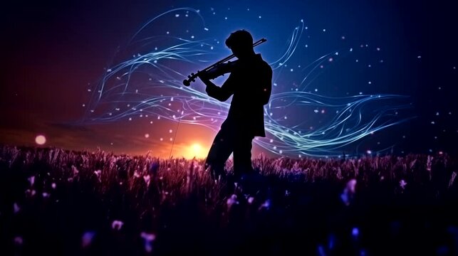 Silhouette of violin player performance. Seamless looping time-lapse 4k video animation background