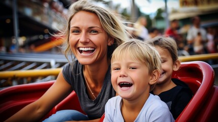 Thrilled mother and two kids immersed in joyous rollercoaster adventure at amusement park - obrazy, fototapety, plakaty