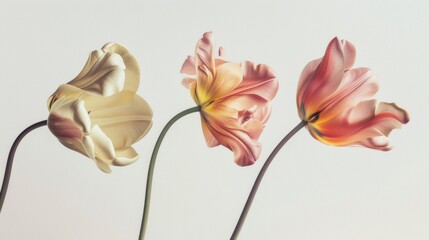 Three tulips in gradient hues bend gracefully, a poetic dance of form and color against a pristine background