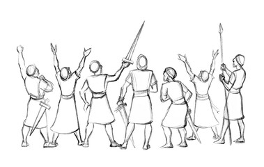 Pencil drawing. The Fall of the Walls of Jericho