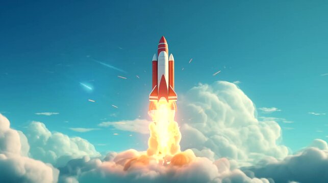 Rocket with flames in the sky on blue background. Looping time-lapse 4k video animation background