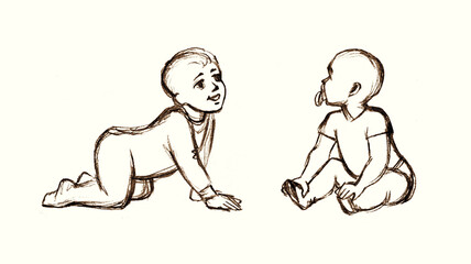 Pencil drawing. Baby crawling on the floor