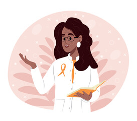 World Multiple Sclerosis Day. A female doctor in a white uniform with an orange awareness ribbon