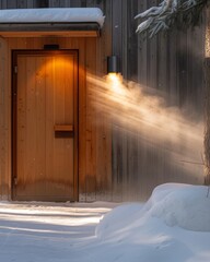 A serene winter haven: The golden glow of a sauna cabin in a forested snowscape, offering solace from the frost