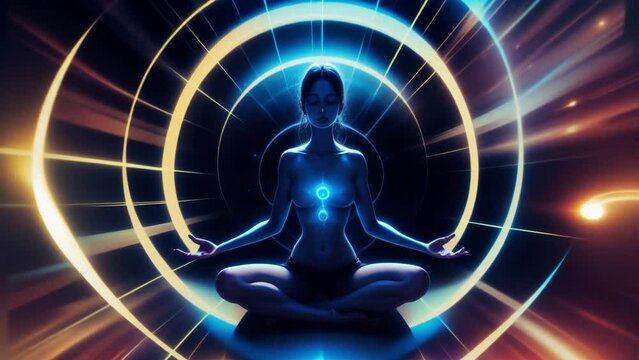 Spiritual woman meditating in astral energy. Seamless loop spiritual background.	