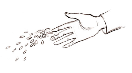 Pencil drawing. The hand sows the grain