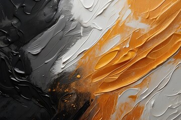 Closeup of abstract painting. Orange, white and black texture background. Visible oil, acrylic brushstroke, pallet knife paint on canvas. Contemporary art painting.