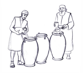 Holy lord stand teach pray male guy human work faith hold jar bowl cup old god supper story art sketch. Retro east dress cloth hand drawn rear back saint savior look smile steward rural Galilee scene