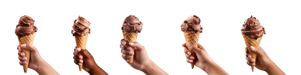 Collection of hand holding chocolate ice cream cone isolated on transparent background, PNG