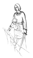 Pencil drawing. An angel guards a child walking on a narrow path