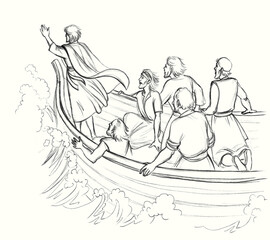 Jesus calms the storm. Pencil drawing