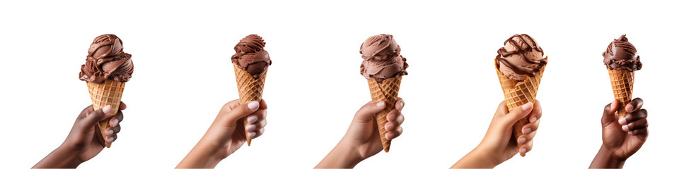 Collection of hand holding chocolate ice cream cone isolated on transparent background, PNG - obrazy, fototapety, plakaty
