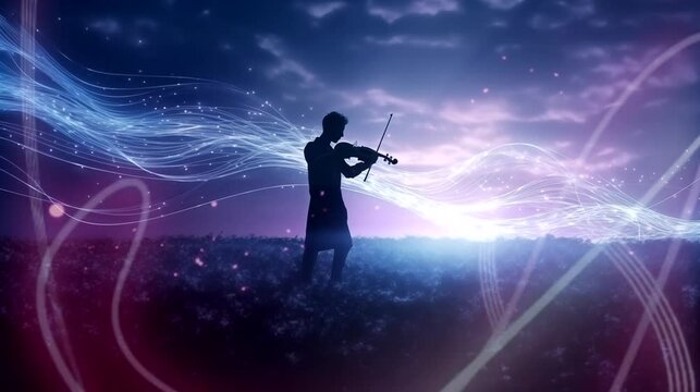 Silhouette of violin player performance on sound waves background. Seamless looping time-lapse 4k video animation background