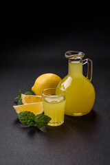 Alcoholic drink yellow limoncello in a small glass