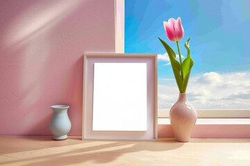 Sunny interior with a framed mockup and pink tulip in a vase, offering a tranquil and inviting space for creativity and inspiration