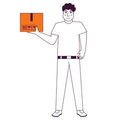 Man courier delivery services of holding box.Fast delivery.Postal worker.Doodle sketch style vector illustration.Isolated on white background.