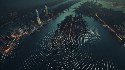 Fototapeta premium Fingerprint in the shape of a night city. Identification and verification of identity. Unique biometric fingerprint