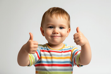 Happy little cute boy giving thumbs up on white background