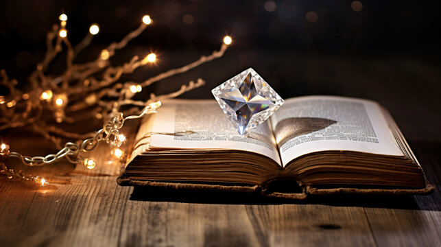 image of open antique book and diamond on wooden