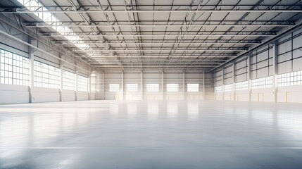 An inside view of a large and clean industrial warehouse, visible metal frame, parquet painted white on the ground, clean white walls, natural light coming from roof windows, additional industrial lig