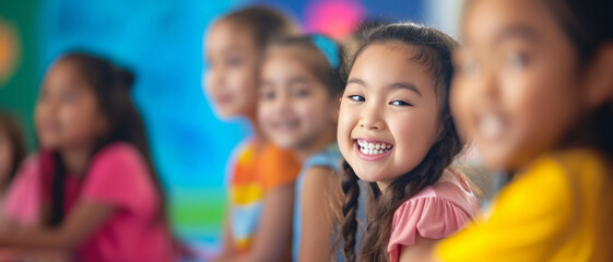 A radiant young girl beams with joy, surrounded by a blur of her peers, capturing the innocence and happiness of childhood.