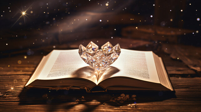 image of open antique book and diamond on wooden
