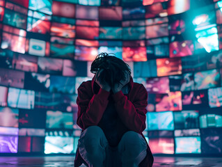 Person crouched down, overwhelmed by a multitude of screens, symbolizing information overload