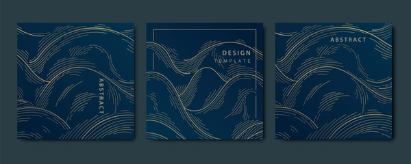Vector set of gold wave patterns, abstract line design. Modern curve graphic, premium texture cards. Package, presentation, covers