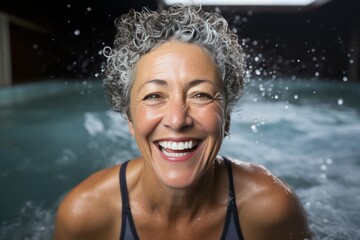 Active mature women in aqua gym class, healthy retired lifestyle with aqua fit sport