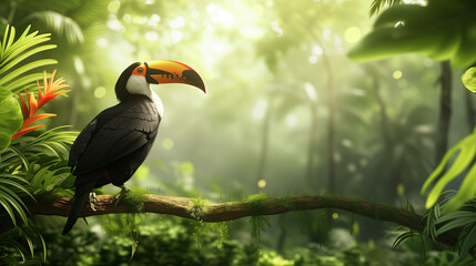 Naklejka premium close up toucan standing on a branch and tropical nature in green meadow