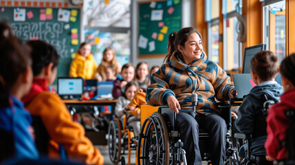 Inclusive Education: Teacher in Wheelchair Engages Students - obrazy, fototapety, plakaty