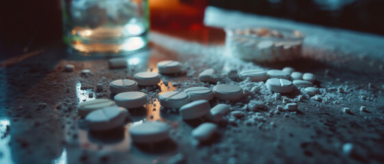 A shadowy, clandestine snapshot of scattered pills and a glass bottle, hinting at a narrative of urgency or despair. - obrazy, fototapety, plakaty
