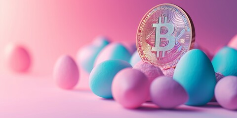 Fototapeta na wymiar Easter eggs and coin labeled Bitcoin isolated on pastel pink background.