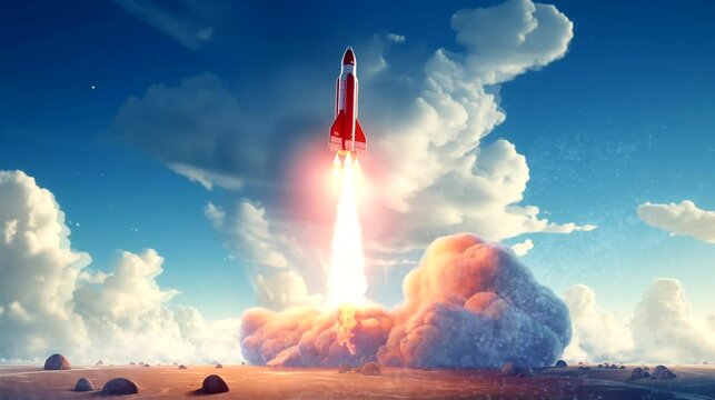 Red rocket with flames launching. Seamless looping time-lapse 4k video animation background 