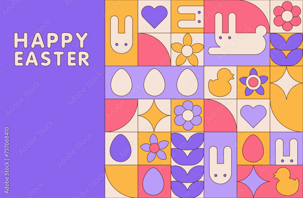 Poster happy easter greeting card with geometric pattern. modern simple elements abstract style. set of vec
