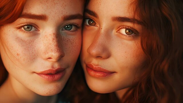 Two sisters give each other fake smiles while secretly envious of the others beauty, Two Beautiful Young Women With Freckles on Their Faces