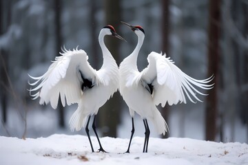 A pair of red-crowned cranes dancing gracefully, their elaborate movements a display of courtship...