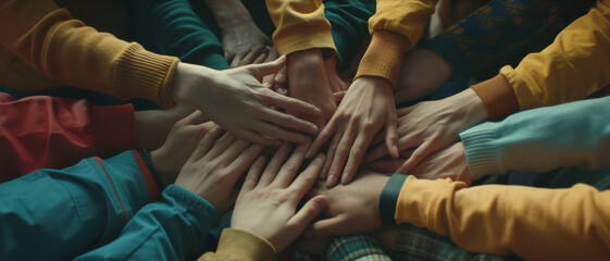 A vibrant gathering of hands, signifying unity and camaraderie, in a warm huddle full of hope and togetherness.