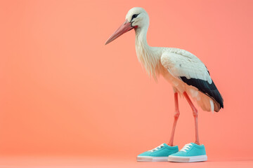 Stork wearing blue sneakers. AI generative art