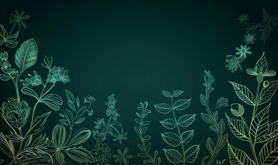 Fototapeta na wymiar Dark Green Background with Elegant Herbaceous Plant Outlines